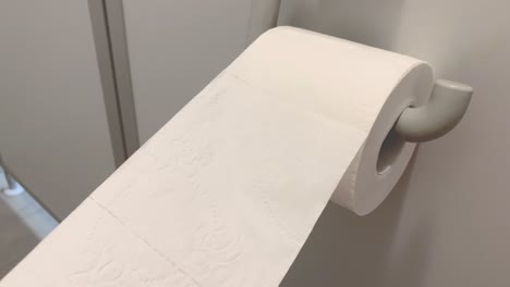 man's hand pulls toilet paper from a roll in a public toilet