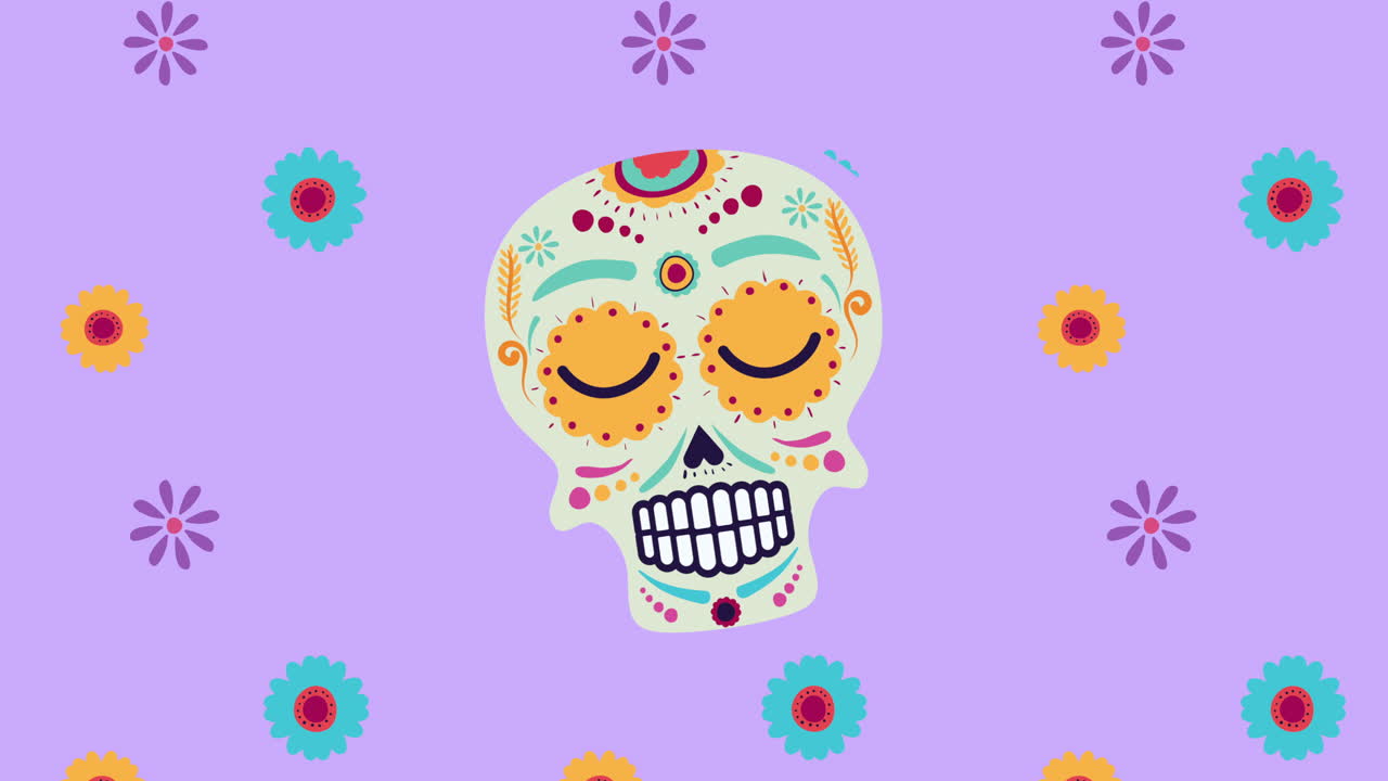 dia de los muertos animation with skull mask and flowers