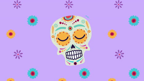 dia de los muertos animación con máscara de cráneo y flores