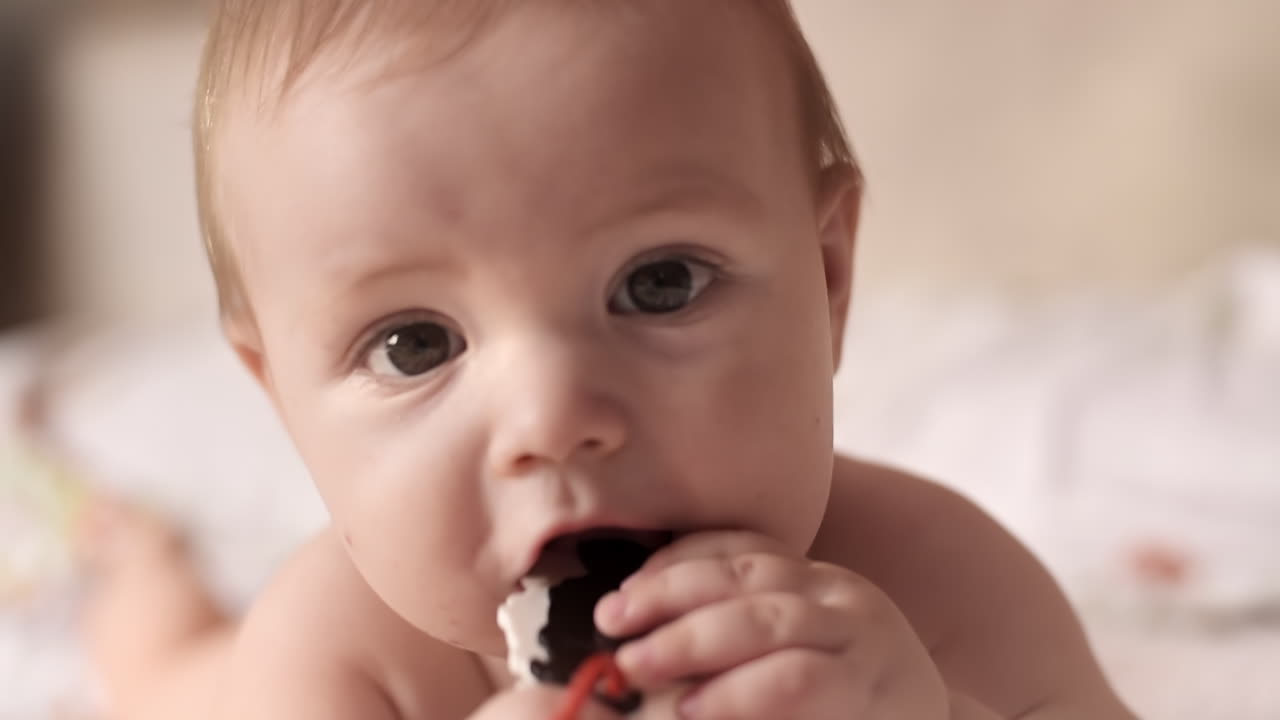 Caucasian blonde baby boy on a bed with toy. Close view, Slow motion