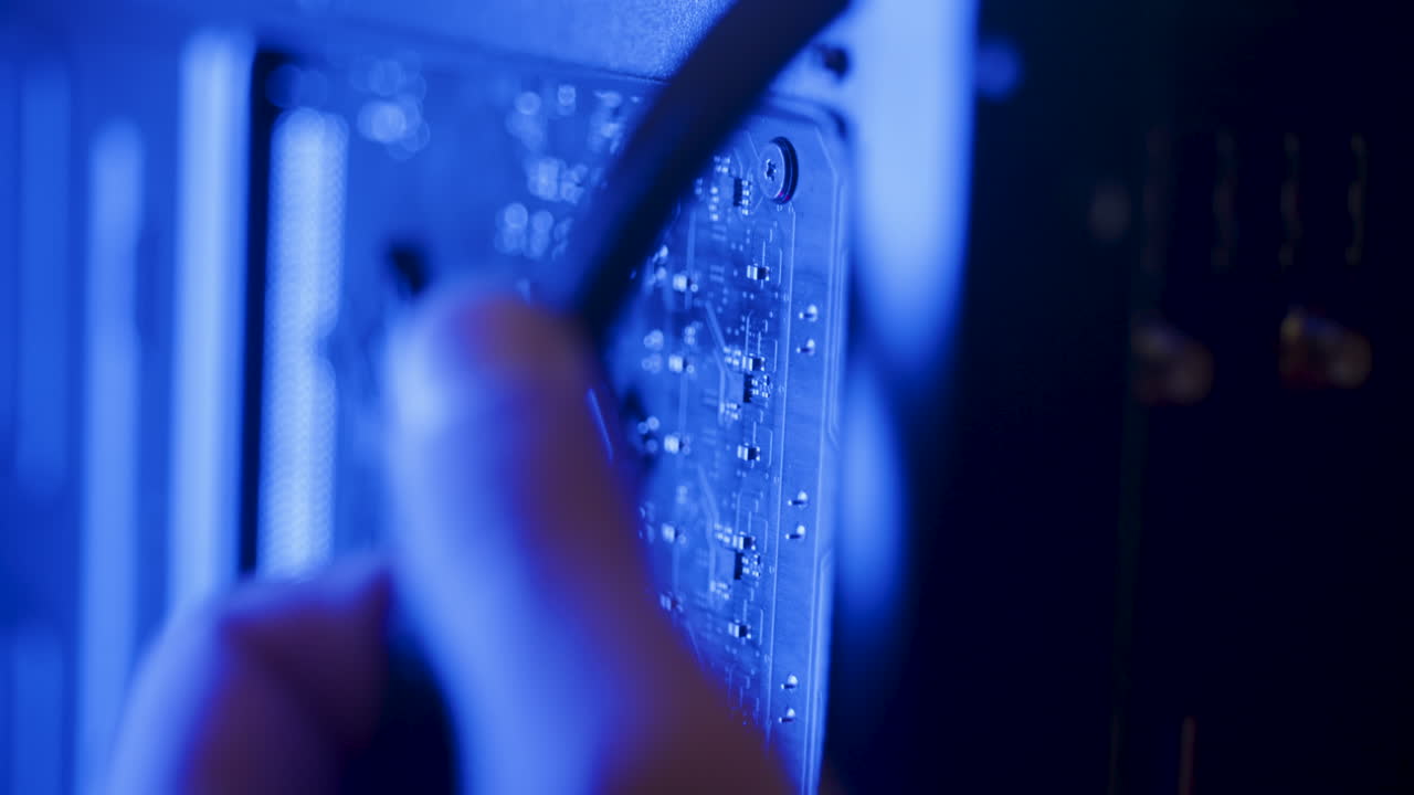 Male technician fixing calbles on a pc