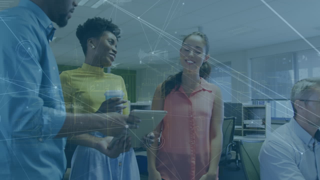 Animation of network of connections and data processing over diverse colleagues discussing at office