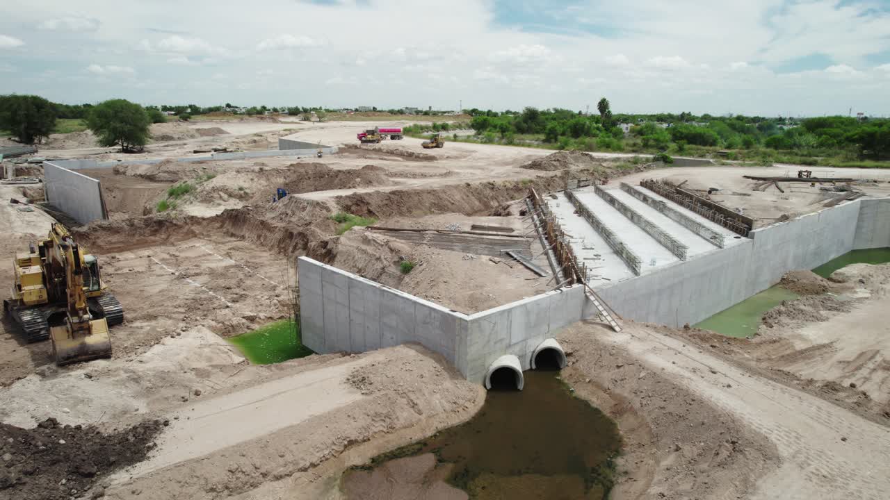 Building Site Aerial: Concrete Structures and Rebar in Construction