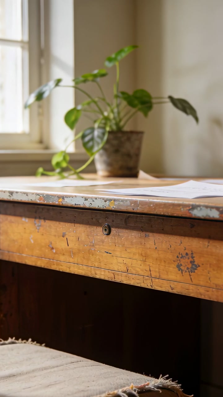 Vertical video: Draft lifting sheet papers fluttering settling on sunlit desk by window for writers