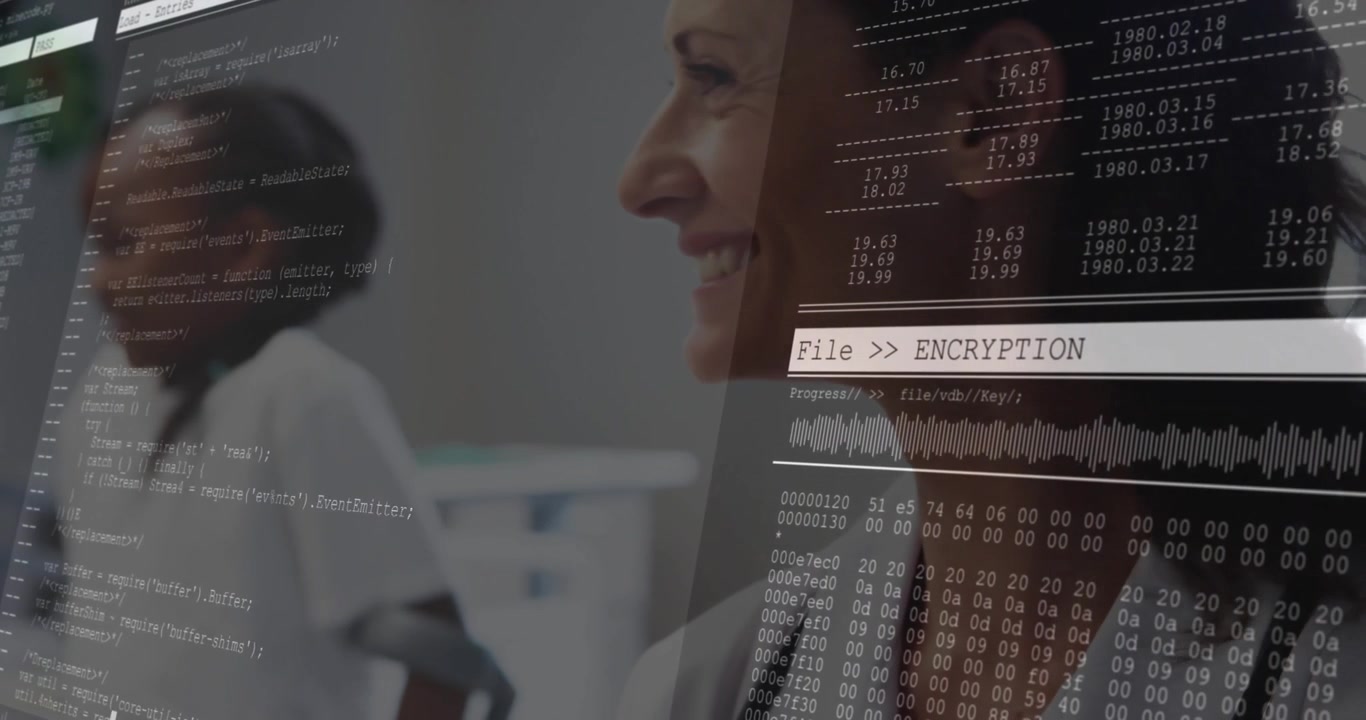 Doctor writing patient data on clipboard in clinic, causing streaming encryption overlay
