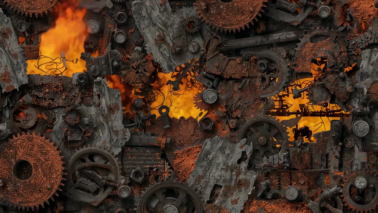Flickering flames igniting across rusted gears and cogs in chamber after orange glow intensifying