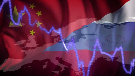 animation of financial data processing over flag of china and russia