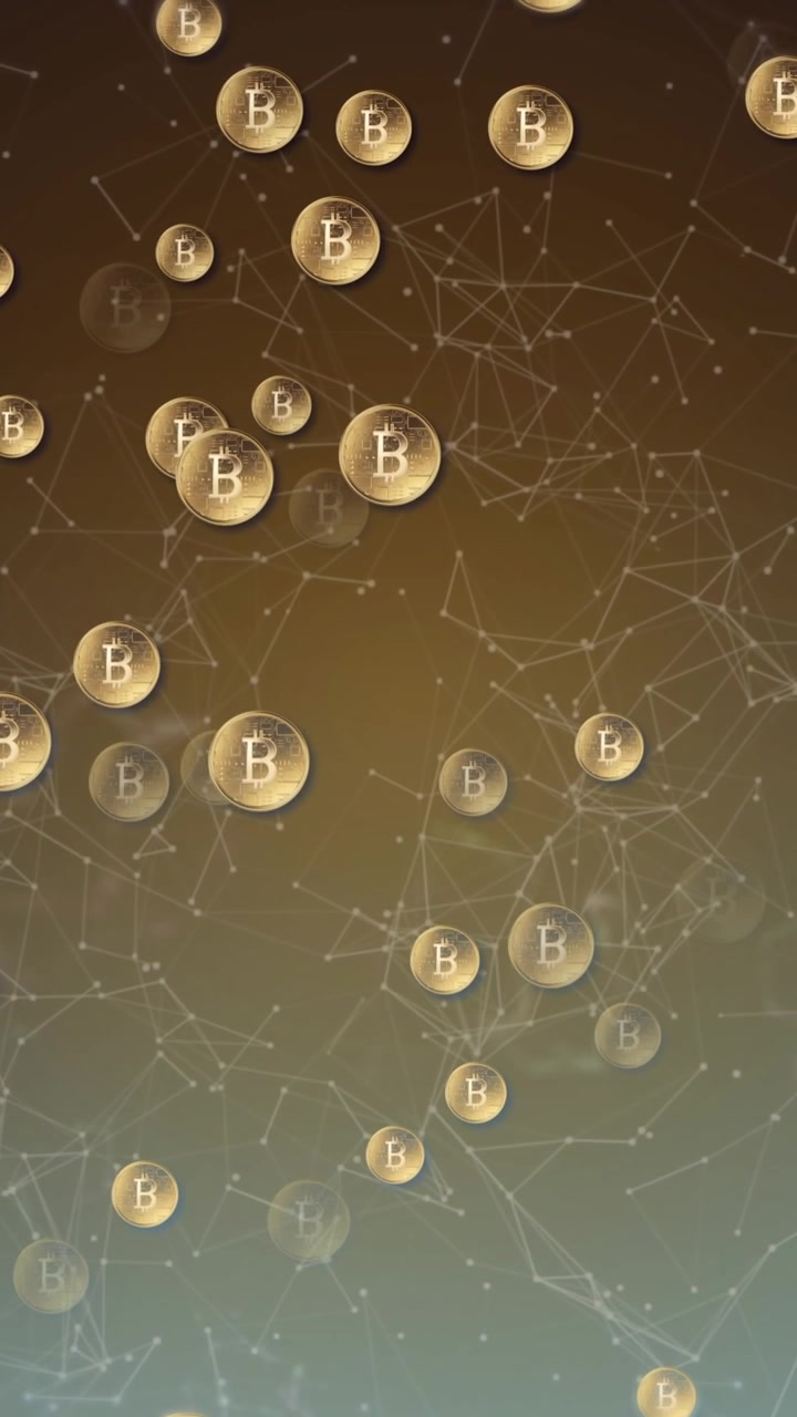 Animazione di più simboli Bitcoin su una rete di connessioni, su uno sfondo sfumato