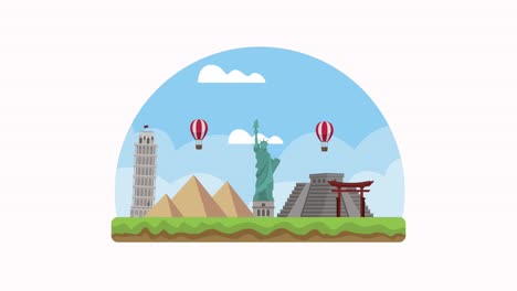 world tourism day animation with landmarks and balloons air hot
