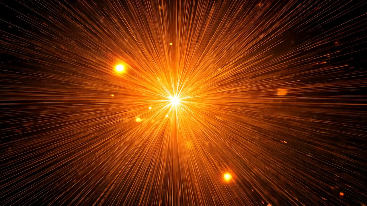 Emitting central sphere sending orange beams into dark void, with glowing ember particles