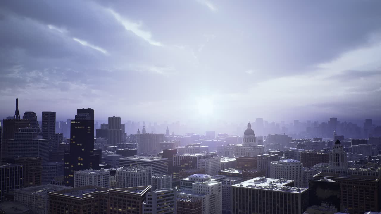 Aerial view highlighting reflective buildings and moody urban environment