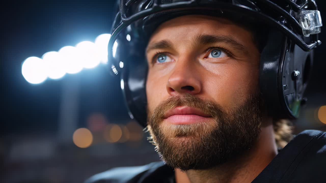 Intense Focus: A Player's Determined Look Under Stadium Lights Capturing the Essence of Competitive Spirit in Football