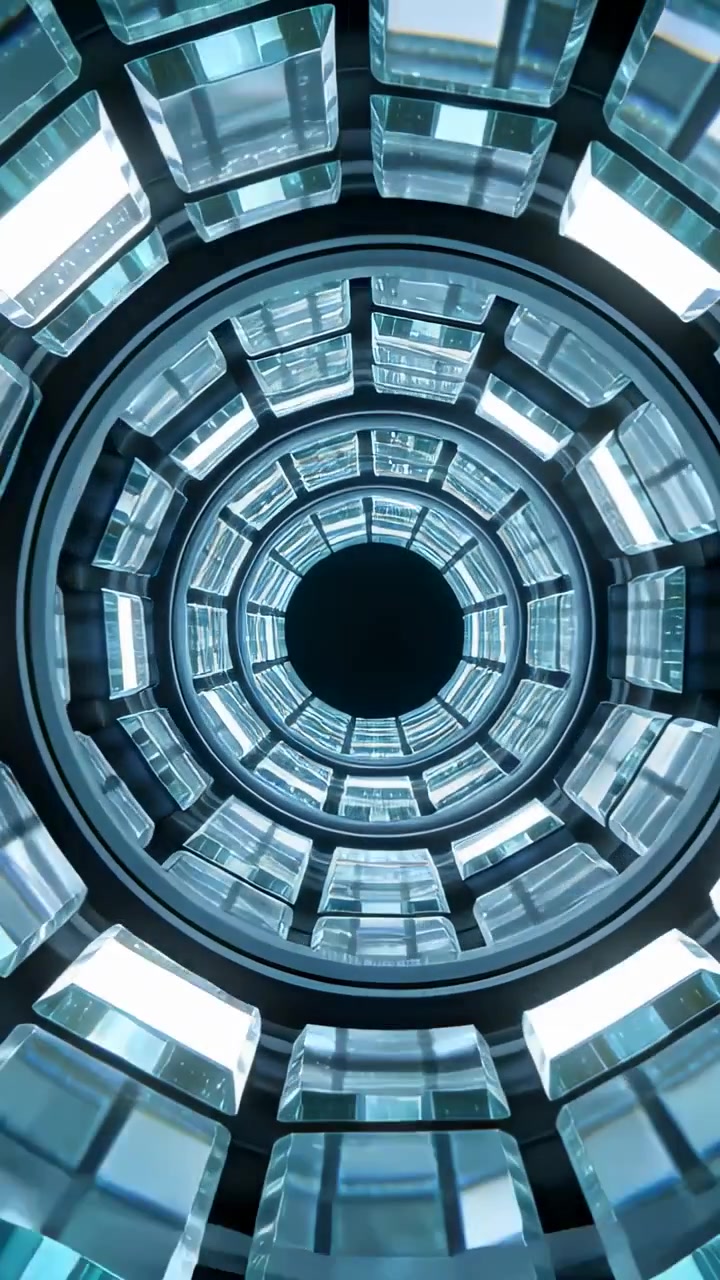 Video verticale: Telecamera in panoramica che rivela blocchi di vetro anulari all'interno di un condotto verticale, esponendo un vuoto buio