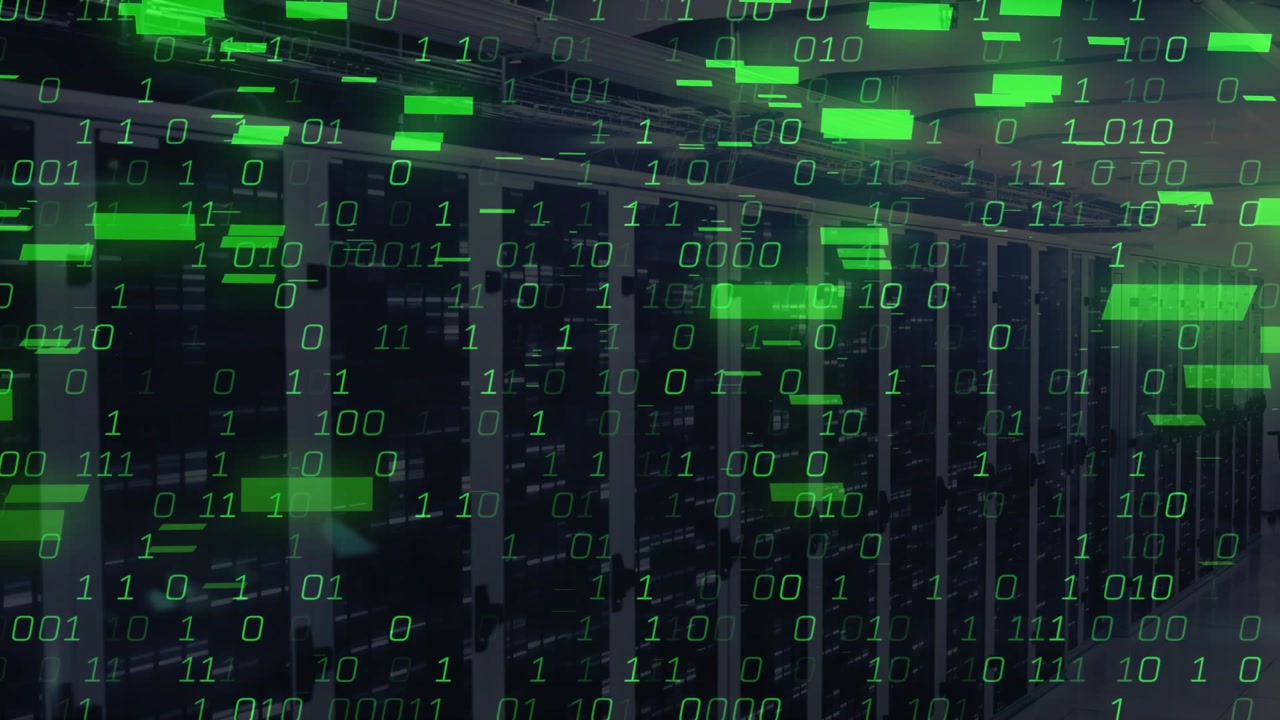 Green digit streams drifting forming blocks merging into data bands on server racks, showing surge