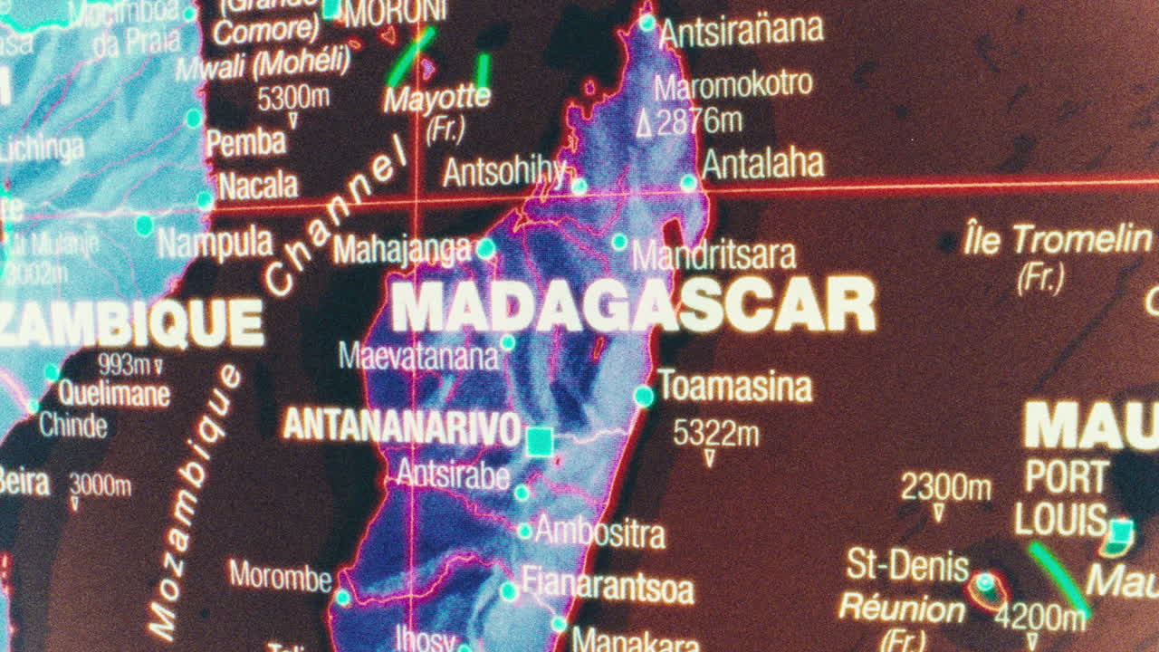Close-up of a digital map showing Madagascar and Mozambique