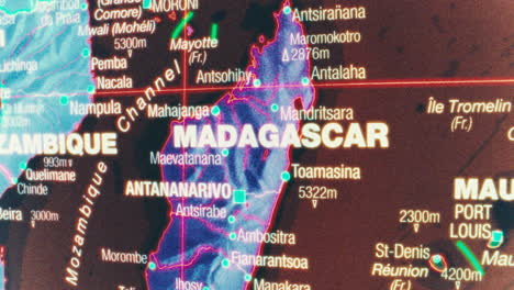 close-up of a digital map showing madagascar and mozambique