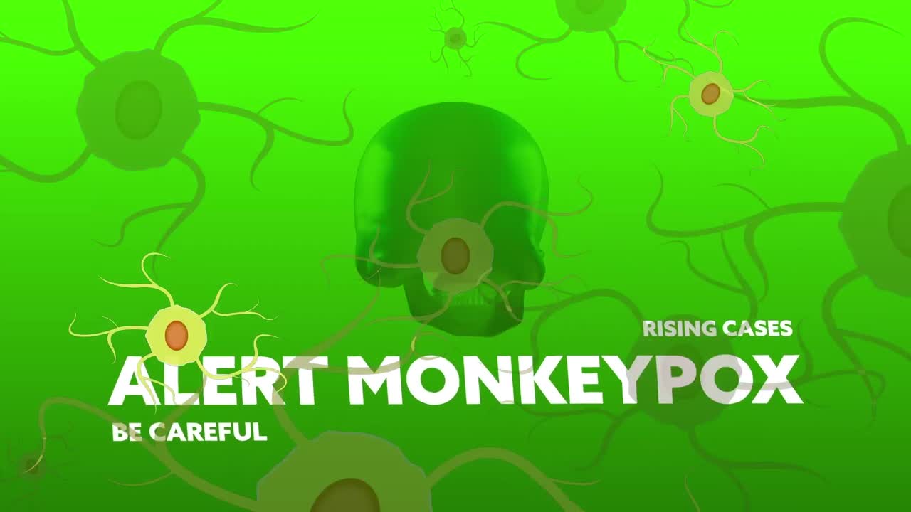 Animation of monkey pox over neurons and skull on green background
