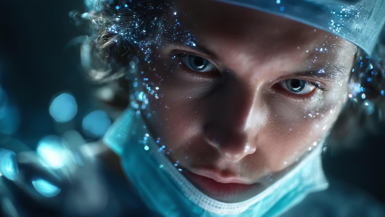 A Deep Look into the Eyes of a Surgeon, Highlighting the Intensity and Focus Required in the Operating Room Surrounded by Advanced Medical Equipment