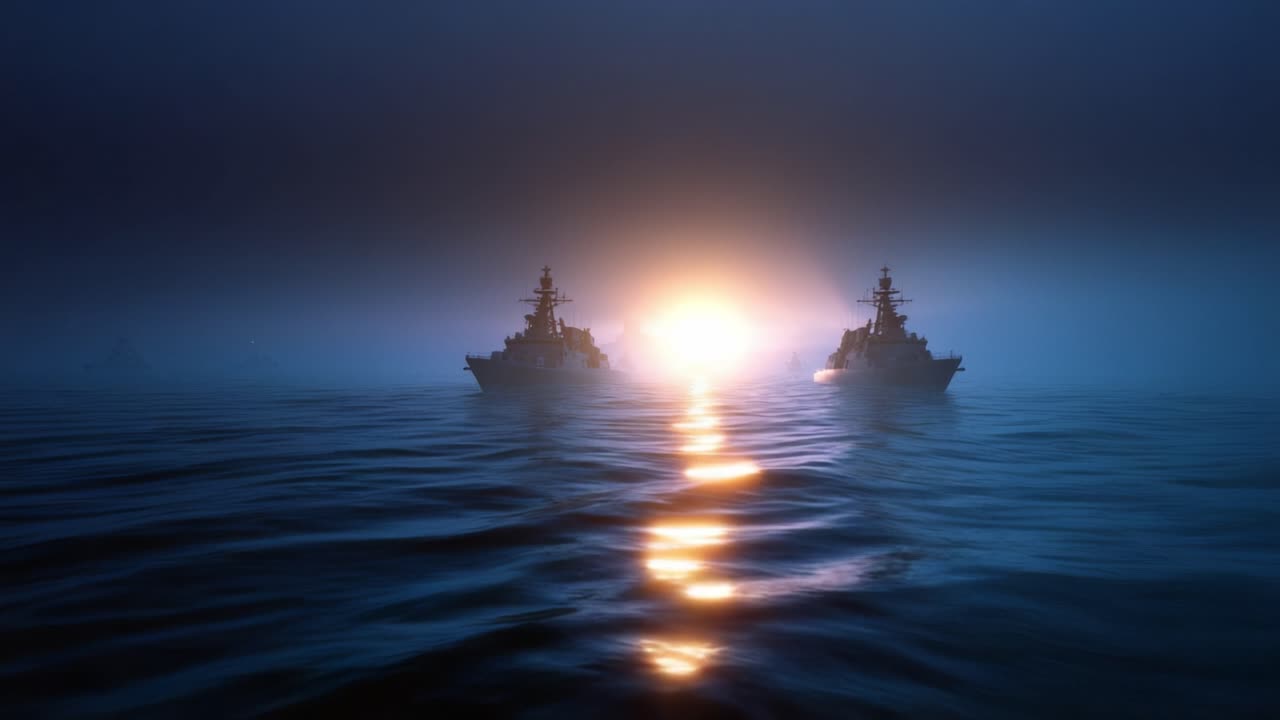 Dos buques de guerra navegan por aguas brumosas al amanecer. Una cálida luz solar brilla detrás de ellos, reflejándose en el mar en calma. Las siluetas sugieren preparación y determinación tranquila. Ideal para temas militares, marítimos.