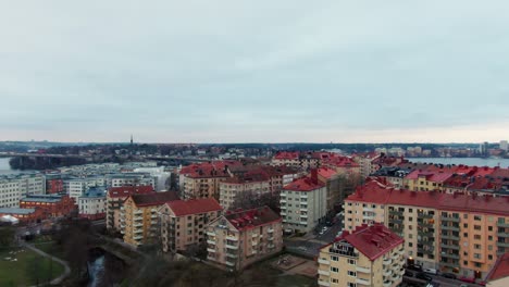 urban area in central stockholm in sweden shown in wide drone shot
