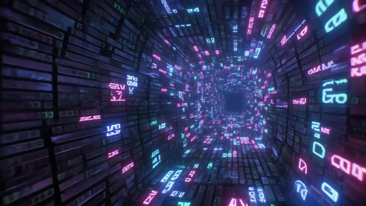 Futuristic Digital Data Tunnel with Glowing Neon Symbols