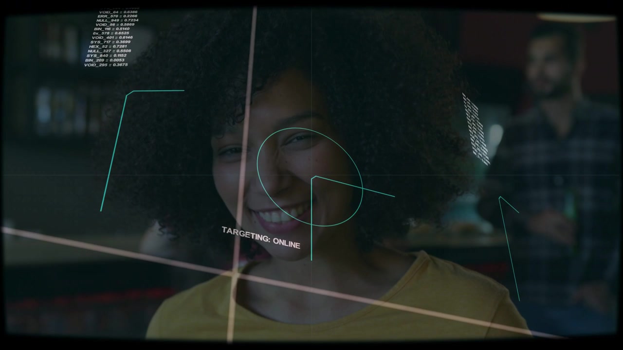 HUD appearing and scanning, woman smiling in office, reticle centering and locking on face for tech