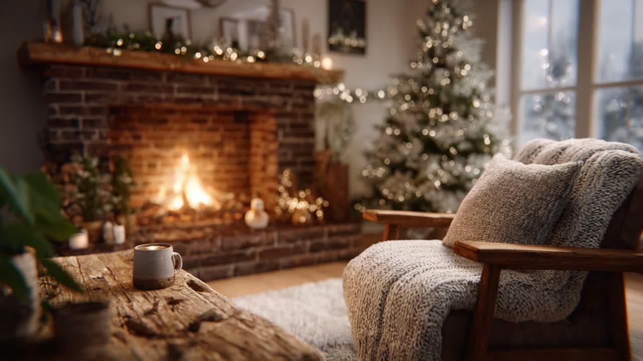 Cozy Winter Retreat: A Warm Fireplace and Adorned Christmas Tree in a Serene Living Room Setting Embracing the Holiday Spirit