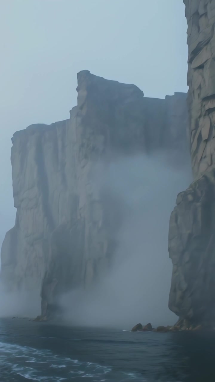 Video vertical: Barco saliendo del encuadre, haciendo que la cámara se mueva para revelar un acantilado alto en el mar con niebla