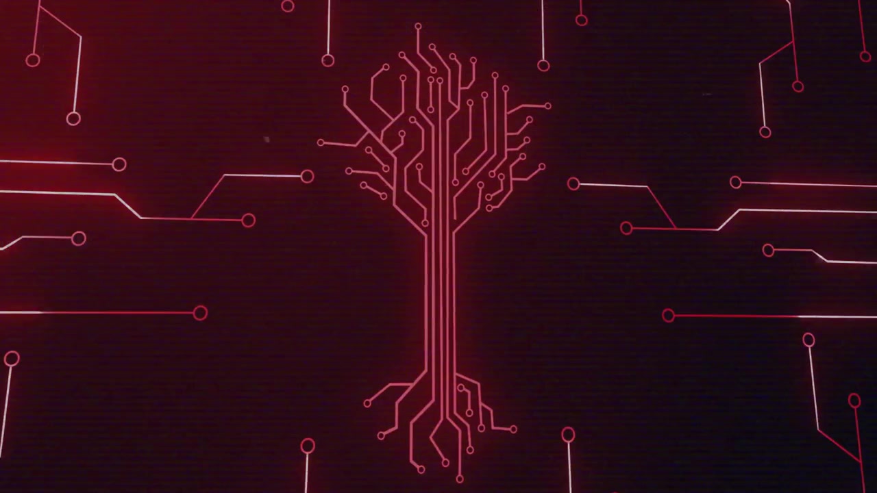 Central red circuit-tree graphic presenting, with circuit lines and data bars in flat design