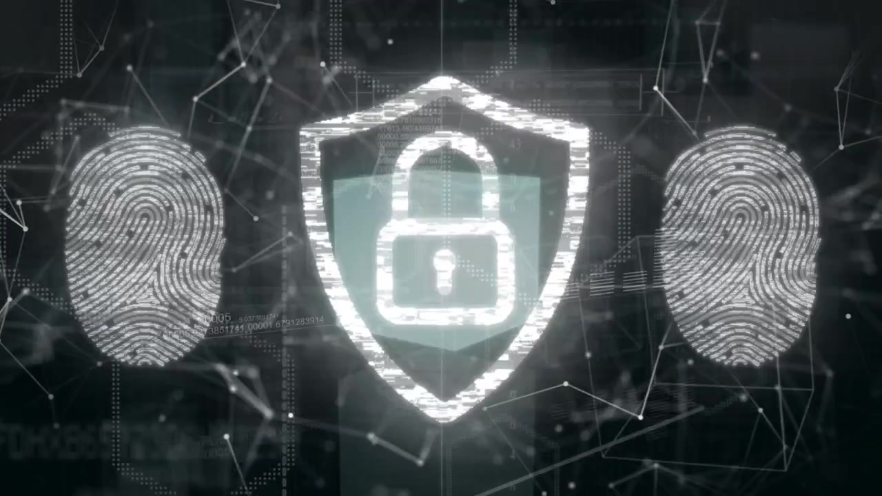 Animation of padlock and fingerprints over shapes