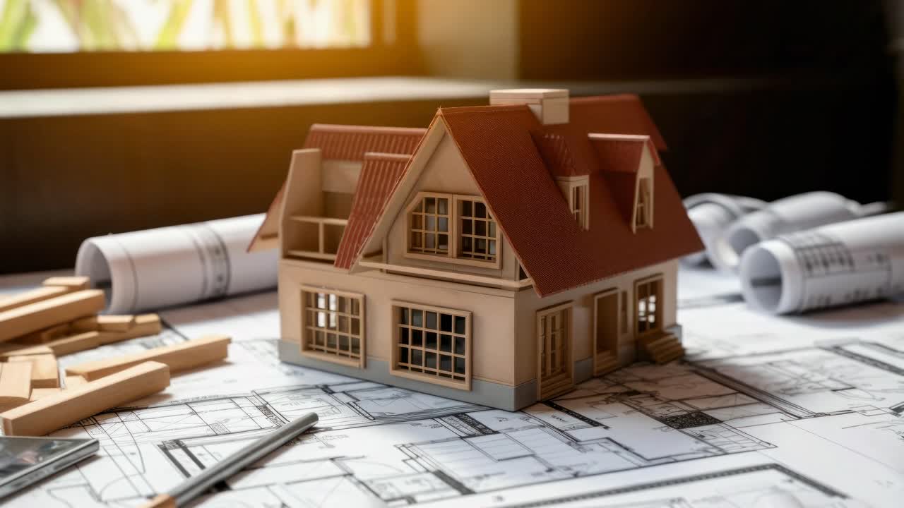 Aerial view of a model house on architectural blueprints, surrounded by drafting tools and wooden