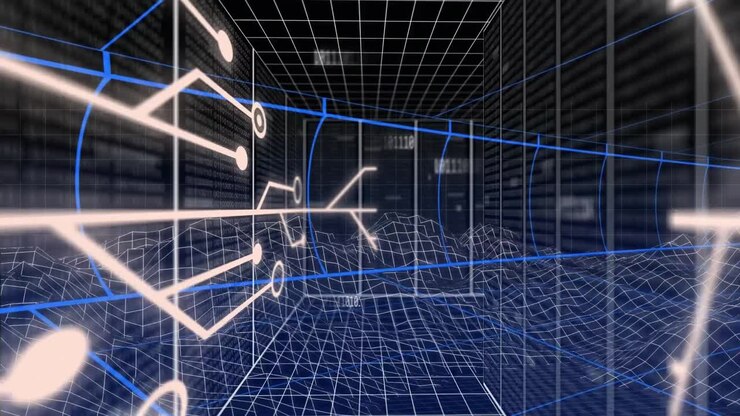 Animation of data processing over circuit board and network of connections