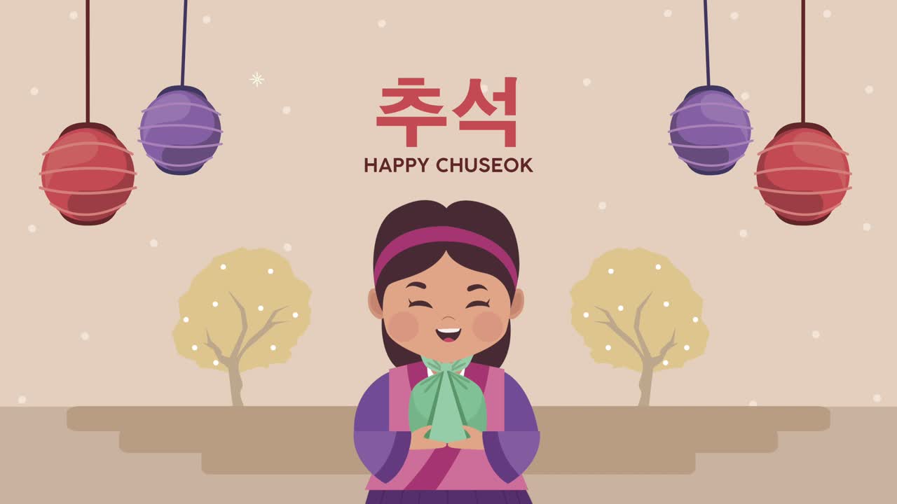 happy chuseok lettering with cute asian girl and lamps