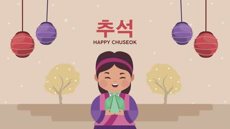 happy chuseok lettering with cute asian girl and lamps