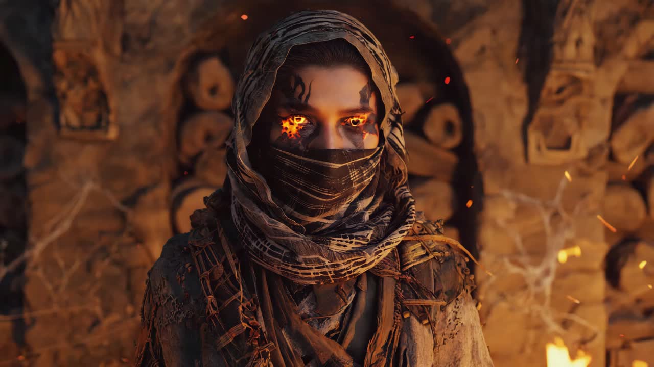 Mysterious Figure with Glowing Eyes in a Dark Fantasy Setting