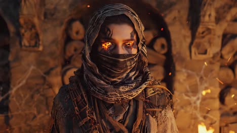 mysterious figure with glowing eyes in a dark fantasy setting