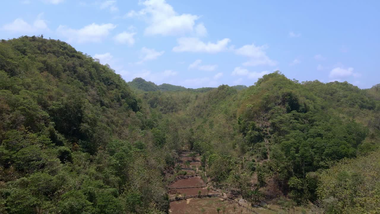 vuela sobre el valle entre colinas y bosques