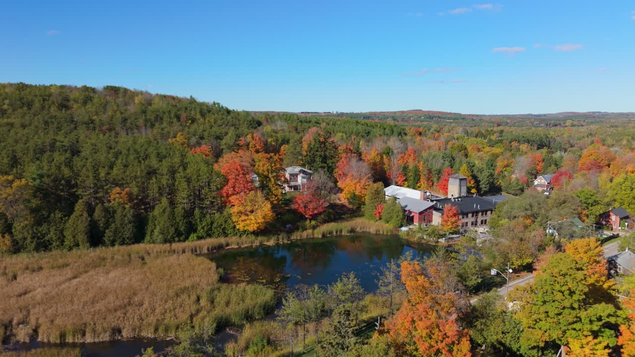 Rising Aerial Shot Of The Alton Mill And Pond During Fall In Caledon, Ontario, Canada