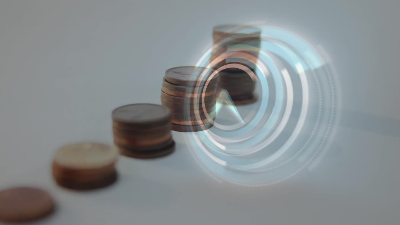 Digital composite video of digital clock ticking against multiple stack of coins