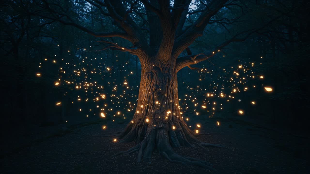 A Majestic Tree Surrounded by Enchanting Lights in a Mystical Forest Setting Capturing the Magic of Nature at Dusk