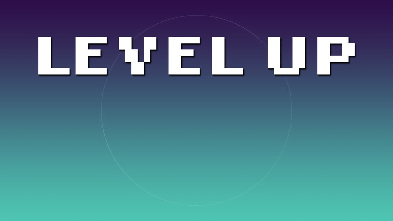 Animation of white pixel text level up, over pulsating white shapes, on graduated blue background