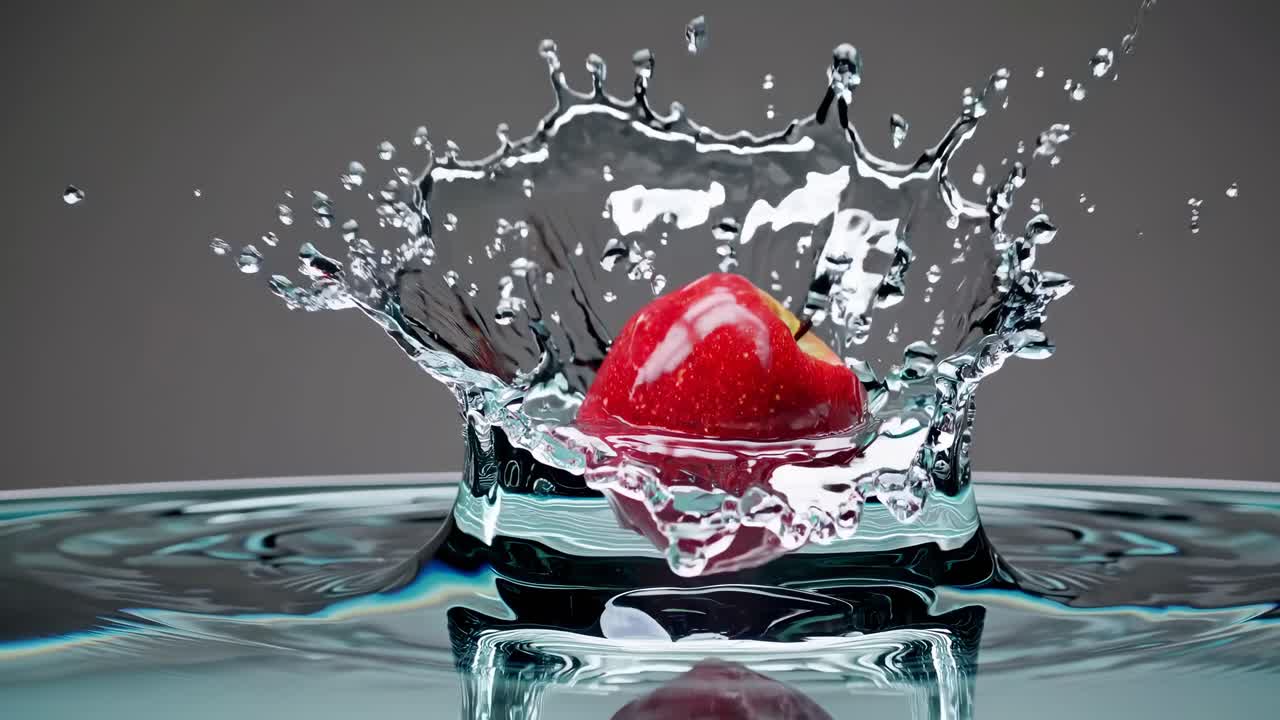 The video captures a slow-motion drop of a red fruit into water, highlighting ripples and splash