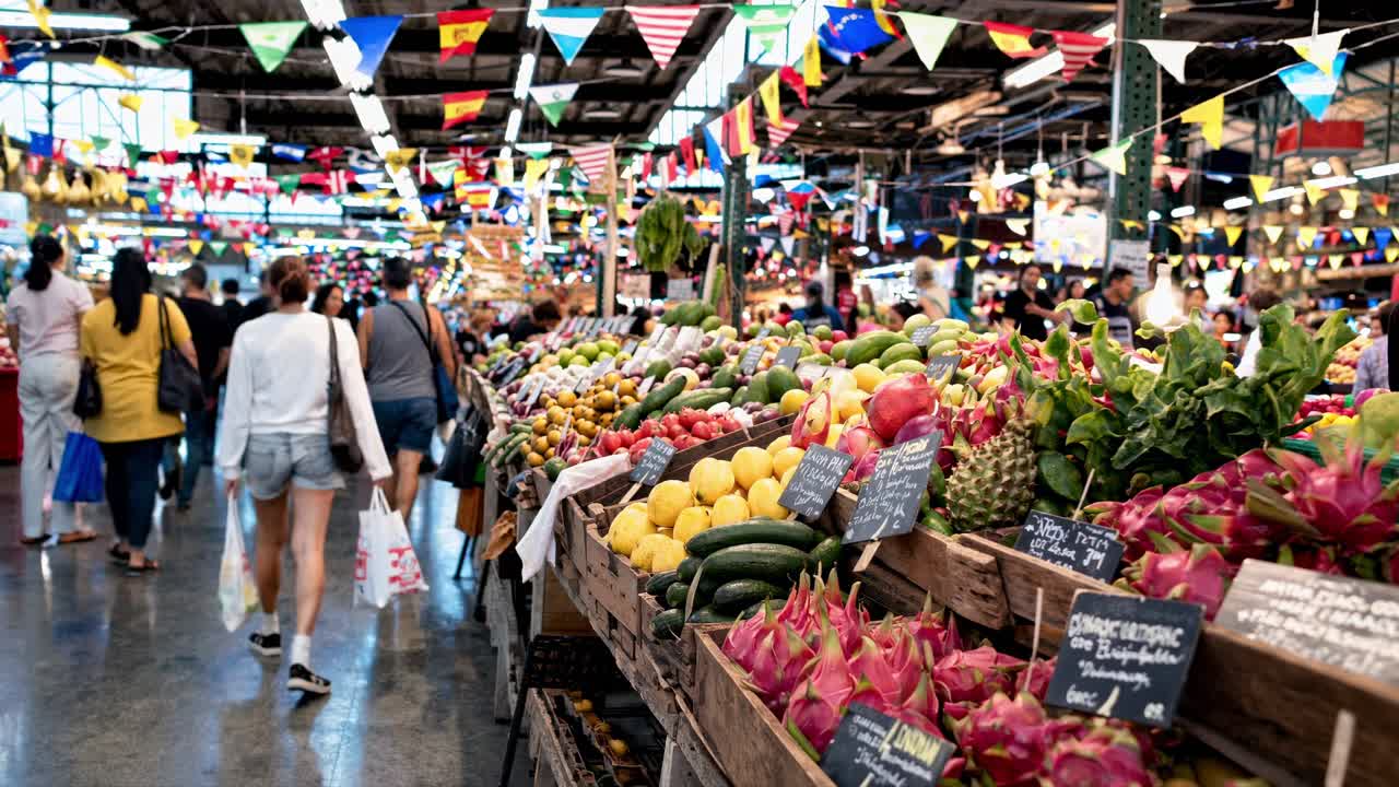 Shoppers are browsing through a lively market aisle filled with colorful fresh fruits, vegetables, and international flags hanging overhead, creating a vibrant and multicultural atmosphere