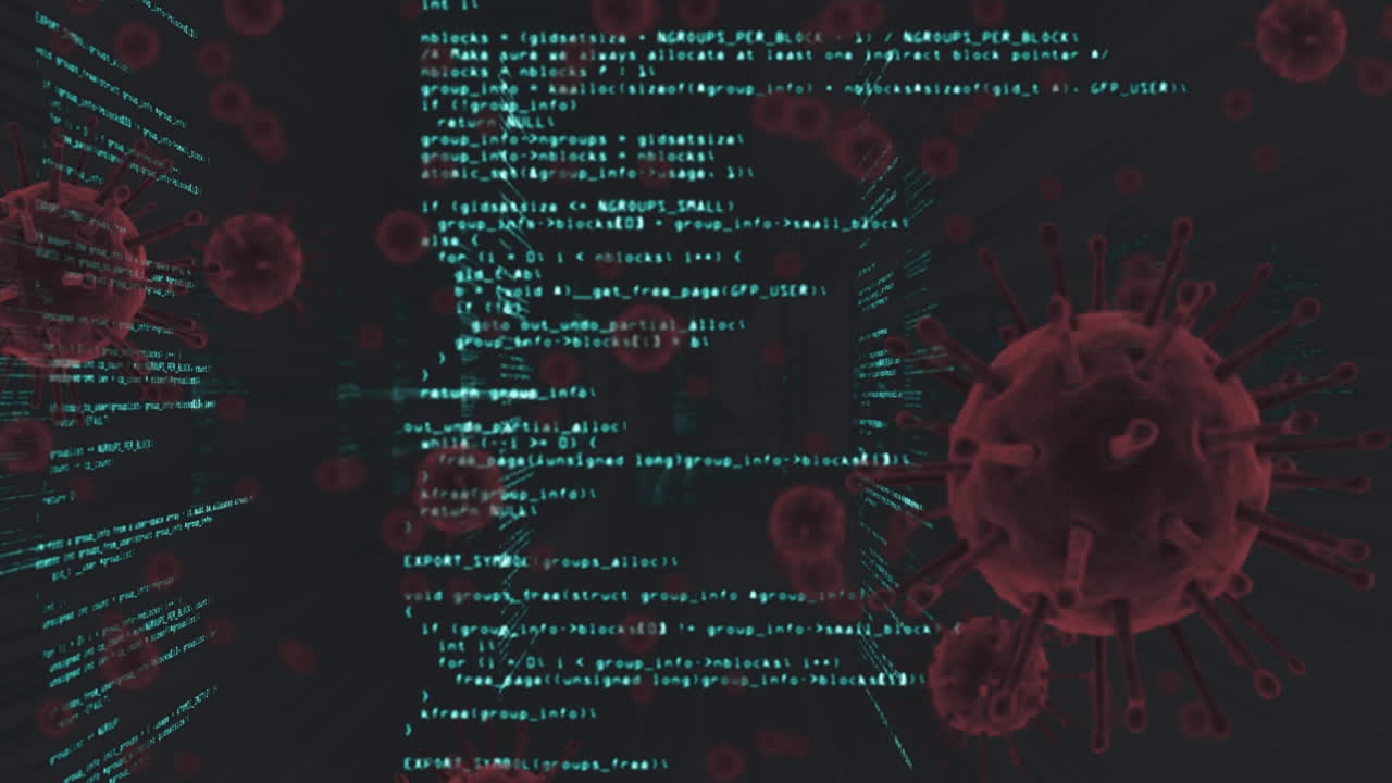 video compuesto digital de células de covid-19 que se mueven contra el procesamiento de datos en el fondo