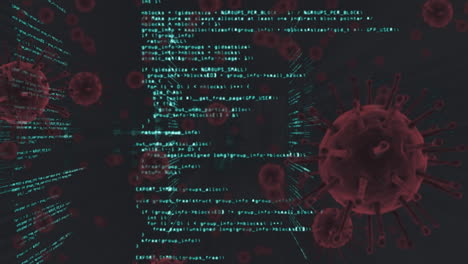 digital composite video of covid-19 cells moving against data processing in background