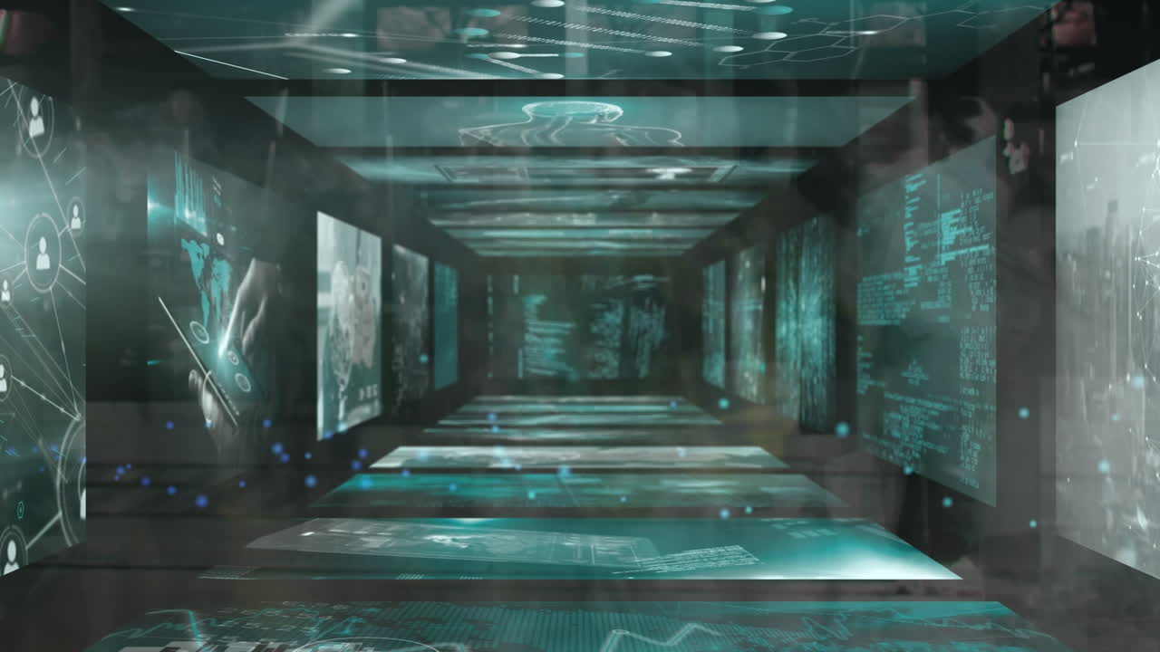 빠른 동작으로 걸어가는 보행자 위의 화면에서 데이터 처리의 애니메이션