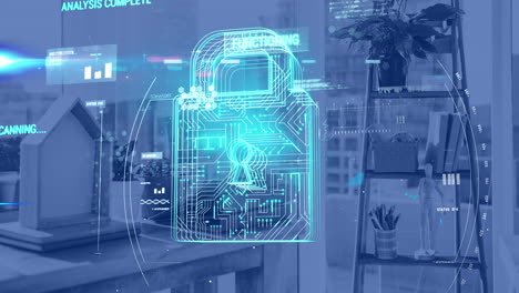 animation of padlock, scope scanning and data processing over modern office