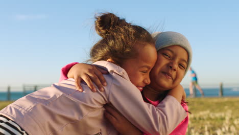 friends, girls hug and beach for vacation