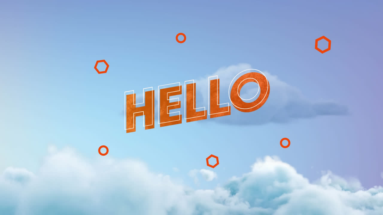 Animation of hello text over cloudy blue sky