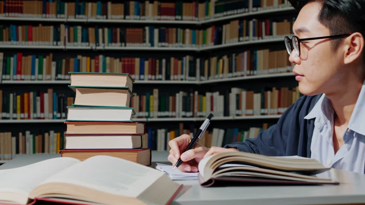 Video laterale di uno studente concentrato che scrive in una biblioteca, circondato da libri